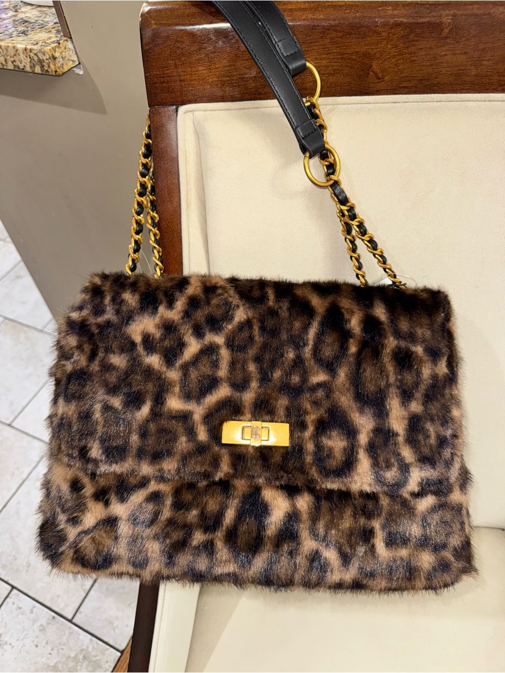 Steve Madden Leopard Faux Fur Shoulder Bag with Gold Hardware